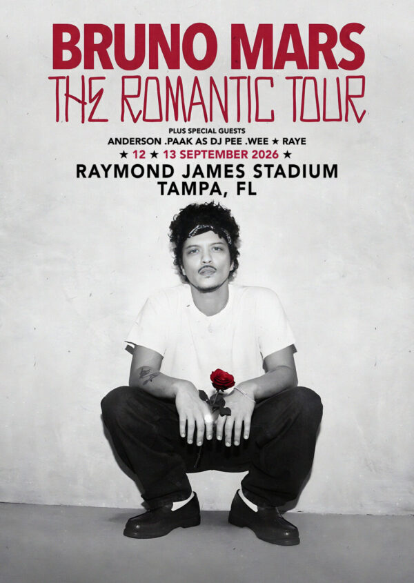 BRUNO MARS The Romantic 2026 Tour TAMPA Raymond James Stadium Poster