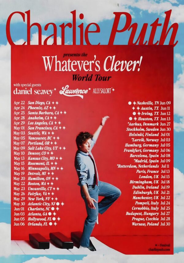 CHARLIE PUTH Whatever's Clever! 2026 World Tour Poster