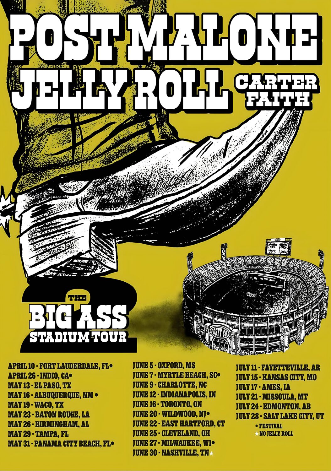 POST MALONE & Jelly Roll Big Ass Stadium 2 North America Tour Poster