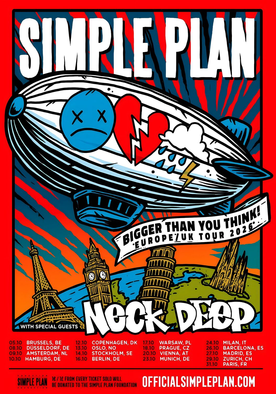 SIMPLE PLAN Bigger Than You Think 2026 UK & Europe Tour Poster