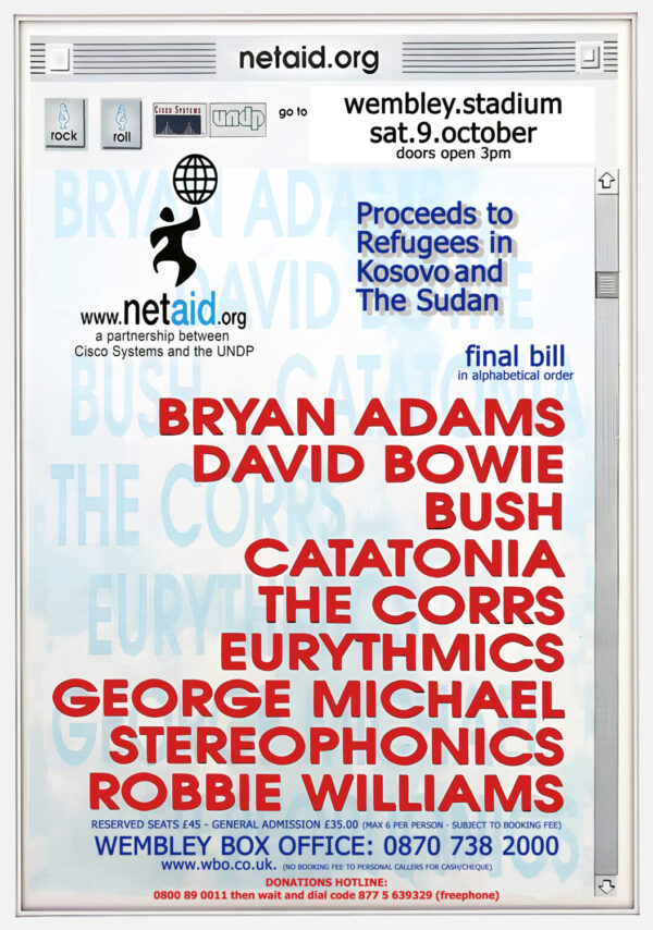 NETAID 1999 Benefit Concert George Micheal - David Bowie - Robbie Williams LONDON Wembley Stadium Tour Poster Print