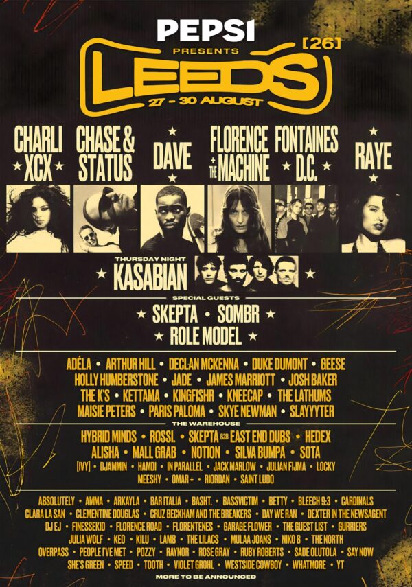 LEEDS Festival 2026 Charlie XCX - Dave - Florence - Fontaines - Raye Full Line-up Tour Poster