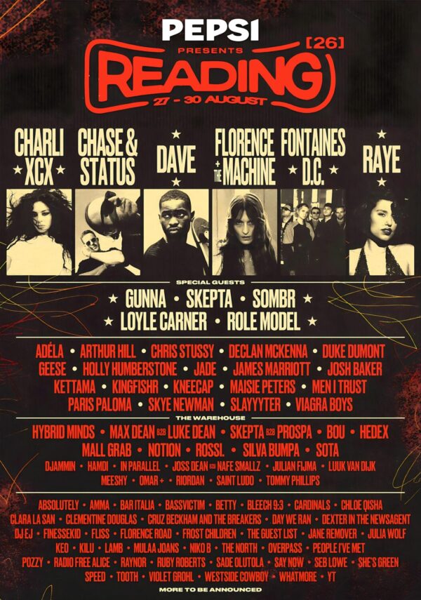 READING Festival 2026 Charlie XCX - Dave - Florence - Fontaines - Raye Full Line-up Tour Poster