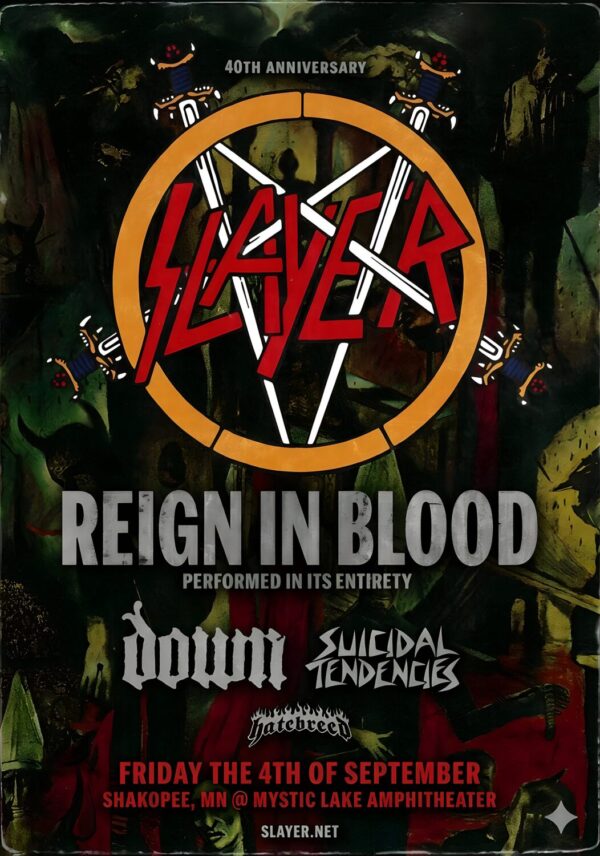 SLAYER Reign In Blood 2026 Tour SHAKOPEE Mystic Lake Amphitheatre Poster