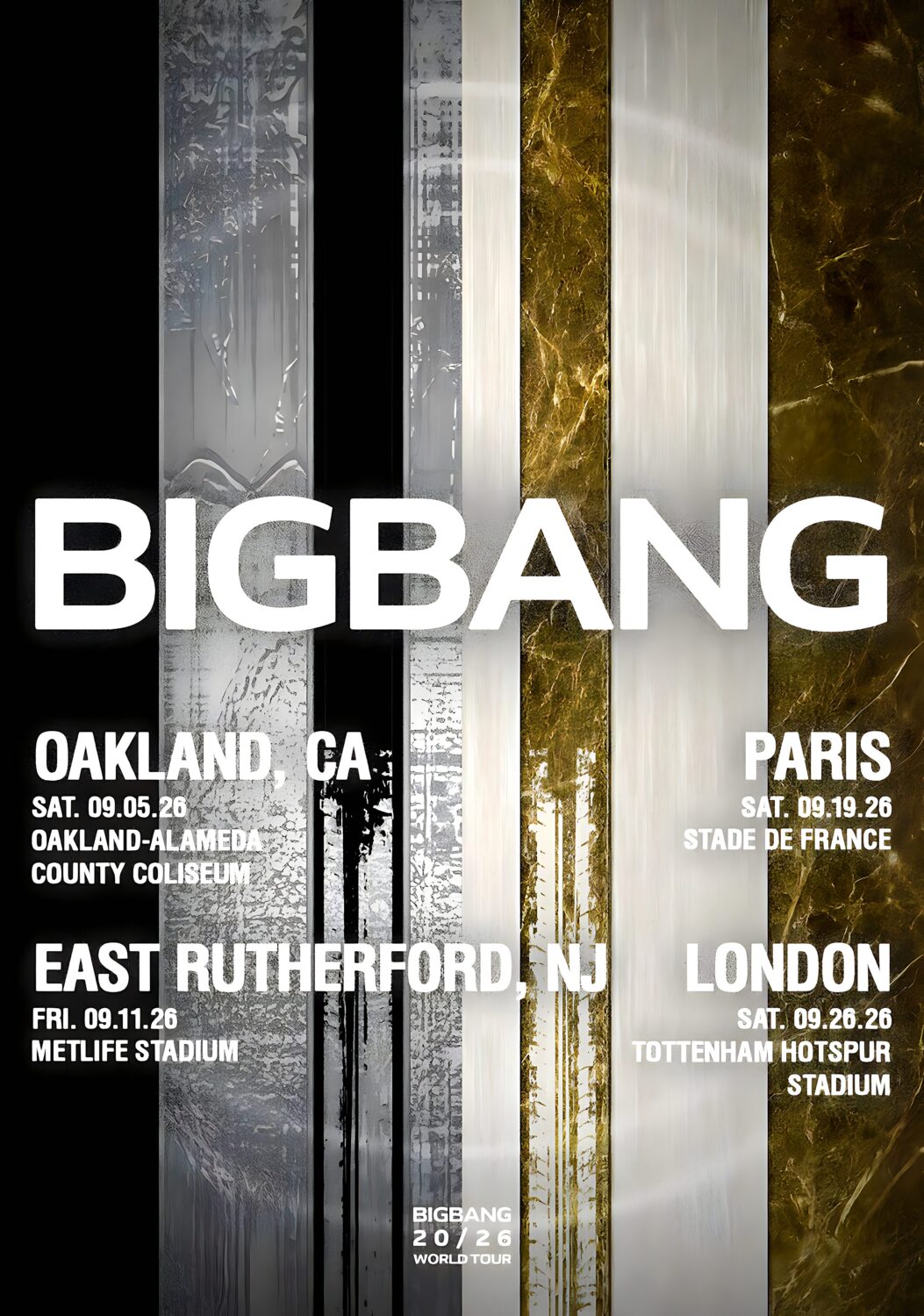 BIGBANG (band) 20th Anniversary 2026 Tour PARIS- LONDON - OAKLAND - EAST RUTHERFORD Poster