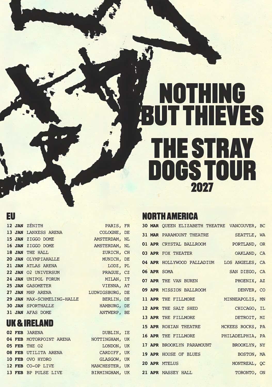 NOTHING BUT THIEVES The Stray Dogs 2027 World Tour Poster