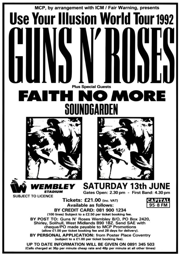 GUNS N ROSES Use Your Illusion 1992 Tour LONDON Wembley Stadium - 13 July 1992 Poster Print